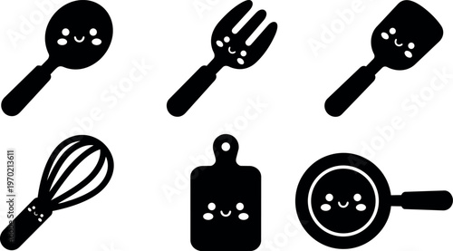 Kawaii black silhouette kitchen utensils with smiling faces vector art