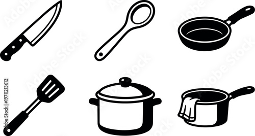 Black and white kitchen utensils knife spoon frying pan spatula pot saucepan with cloth vector art