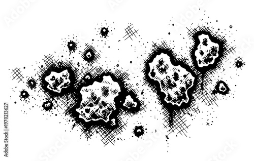 Hand drawn black and white space asteroids floating in empty void with vintage ink hatching style