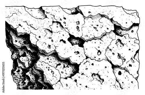 Detailed black and white ink drawing of a cracked rock surface with deep fissures and textures