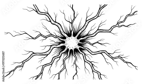 Hand drawn vector illustration of a radial crack or impact hole with splintered texture
