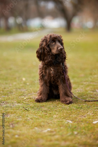 Portrait of a young English Cocker Spaniel. A young dark brown English Cocker Spaniel playing on the grass in a park. English Cocker Spaniel playing on the grass in a park