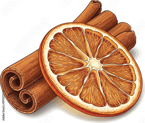 Dried orange slice and cinnamon sticks a hand-drawn vector illustration for culinary holiday and aromatic themes isolated on white background