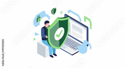 Cybersecurity and Data Protection Isometric Illustration with Shield Protecting Laptop