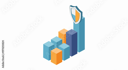 Isometric 3D Bar Chart and Shield Icon Representing Secure Business Growth, Financial Data Protection, and Risk Management Strategy on White Background