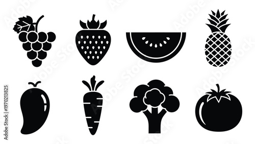 An arrangement of various fruit and vegetable icons in a flat black style silhouette high quality professional detailed modern elegant stylish