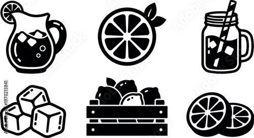 Black and white citrus lemonade pitcher ice cubes mason jar and crate vector art