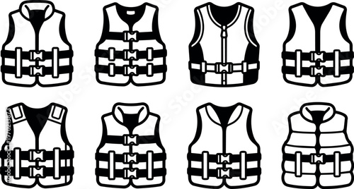 Black and white vector line art set of life jackets with buckles