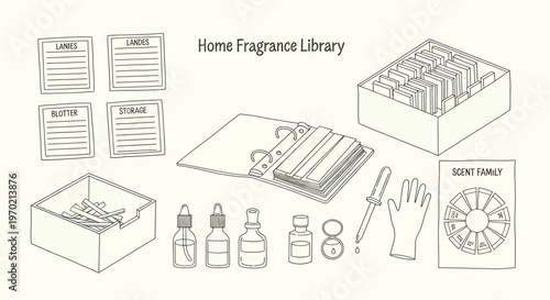 Technical drawing of a home fragrance diffuser set isolated on transparent background