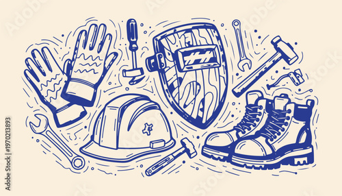 Construction equipment outline set with welding mask safety boots and hand tools drawing.