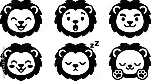 Cute black and white lion face set showing different emotions and sleeping