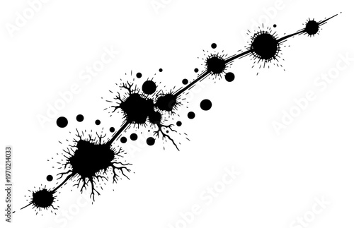 Minimalist black ink splatters and liquid blots arranged in a diagonal artistic composition