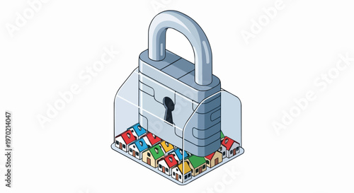 Isometric Home Security Concept with Large Padlock Protecting Miniature Houses in a Glass Case
