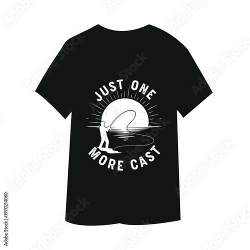 black t-shirt with fishing graphic and 'just one more cast' slogan