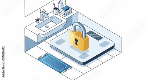 Isometric Bathroom Scale with Padlock Representing Health Data Security and Personal Weight Privacy