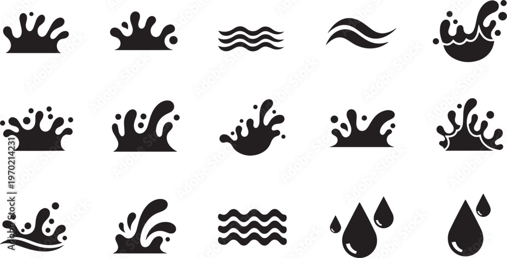 Fototapeta premium Collection of Water Splash Wave and Drop Silhouette Icons