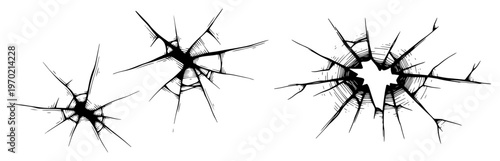 Multiple shattered glass impact cracks and bullet holes in hand drawn style