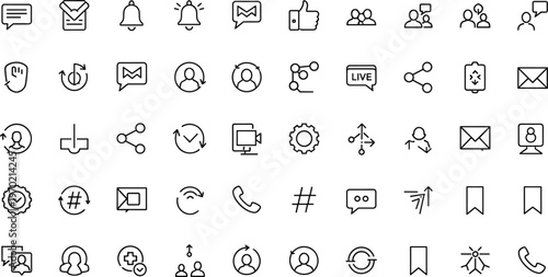Social media communication and messaging line icon set featuring notifications sharing interaction minimal outline vector collection