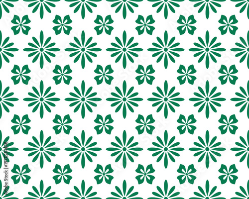 Seamless pattern with green flowers four leaf clovers eight petal bloom abstract ornament on transparent background vector.