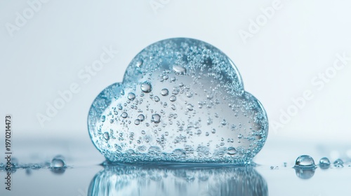 Clear Cloud Computing Symbol with Water Bubbles and Reflections Representing Digital Data and Online Services