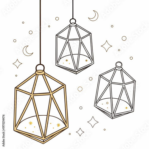 An artistic illustration depicts three hanging geometric lanterns adorned with celestial motifs like moons and stars high quality professional detailed