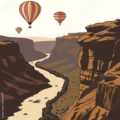 A vibrant illustration depicts colorful hot air balloons soaring above a majestic canyon landscape with a winding river high quality