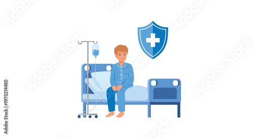 A young boy wearing blue pajamas sits patiently on a clinical hospital bed beside a metallic intravenous drip stand under a protective blue shield icon.