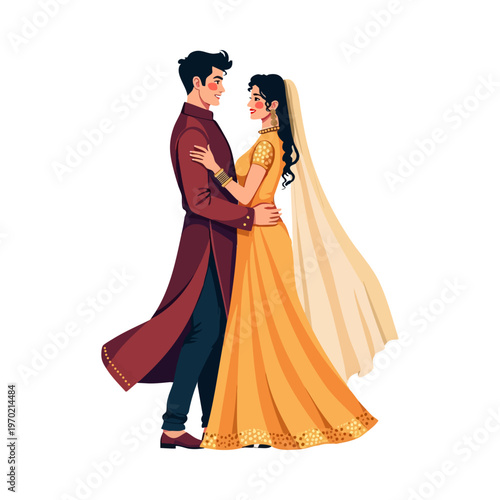 Beautiful Indian Wedding Couple in Traditional Sherwani and Saree