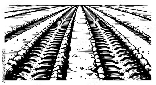 Heavy tire tracks on sandy road with perspective in hand drawn style