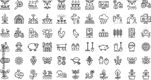 Smart farming and agriculture outline icon set with crops livestock irrigation technology and sustainable farming symbols for modern agribusiness design