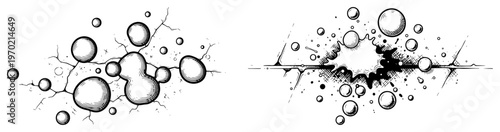Hand drawn ink illustration of abstract bubbles emerging from a cracked surface and an explosive burst
