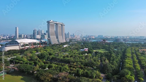Marina bay, Singapore: Aerial view of famous island country and city-state - landscape panorama of Southeast Asia from above
