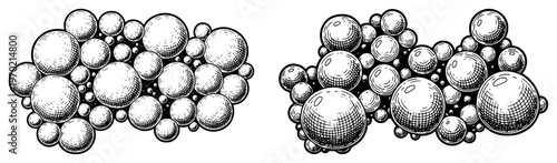 Hand drawn vector clusters of soap bubbles or spheres with hatching texture