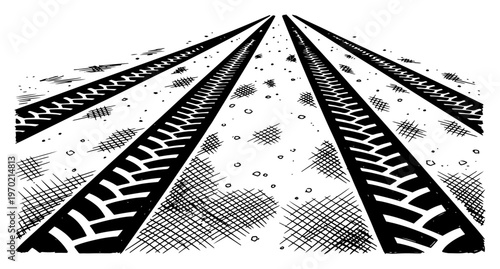 Heavy tire tracks on dirt road with perspective and cross hatched shading