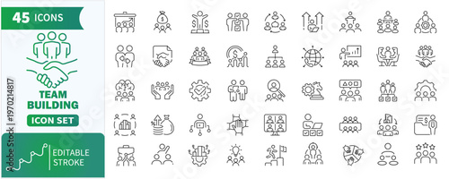 Team building icon set . Collection of performance, building, leadership, productivity, teamwork, management and more. Editable stroke. Vector illustration