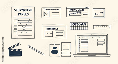 Storyboard panels and filmmaking tools isolated on transparent background