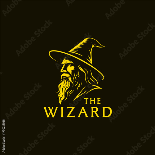 Yellow wizard logo design, perfect for fantasythemed designs. Incorporate into book covers, posters, or social media graphics for a magical touch.