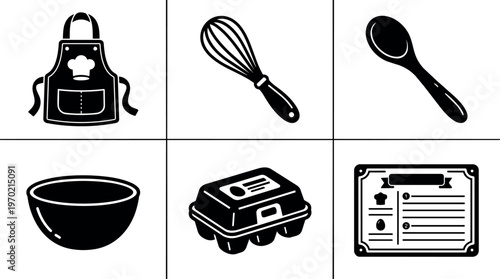Black and white cooking tools apron whisk spoon bowl egg carton recipe card vector art