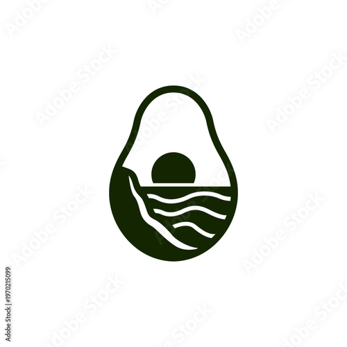 Avocadoshaped sunset scene logo design, ideal for food bloggers, wellness brands, or travelthemed designs needing a unique mystical touch to captivate.