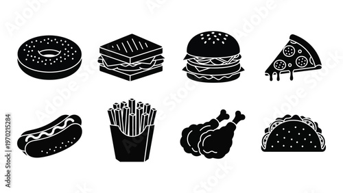 A collection of fast food items including donuts burgers pizza hot dogs and tacos in silhouette high quality professional detailed modern