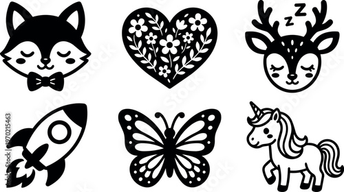Black and white cute fox heart butterfly sleeping deer rocket unicorn icons