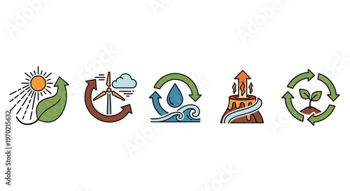 Renewable Energy Icons Set: Solar, Wind, Hydro, Geothermal, and Sustainability Concepts