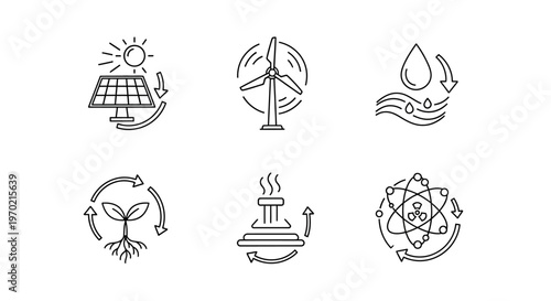 Renewable Energy Sources Line Icons Set: Solar, Wind, Hydro, Bio, Geothermal, and Nuclear Power