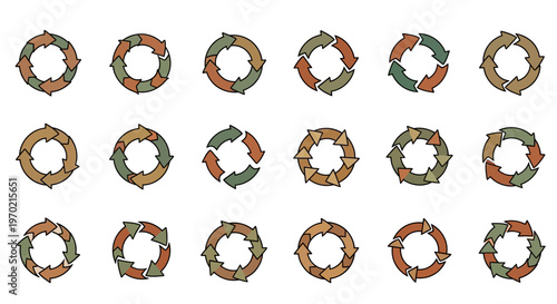 Set of Circular Arrow Diagrams Representing Cycle, Process, and Repetition in Earthy Tones