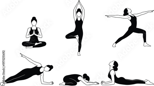 Set of black and white yoga silhouettes featuring a woman in various poses like lotus tree warrior and plank for wellness with SEO maintain.