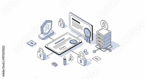 Isometric Cybersecurity and Digital Certificate Verification Concept with Data Servers and Padlocks