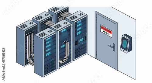 Isometric Server Room Illustration with Biometric Fingerprint Access and Restricted Security Door
