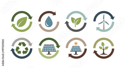 Sustainable Energy and Eco-Friendly Icons Set with Recycling and Nature Symbols