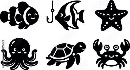 Black and white cute sea creatures vector art with clownfish octopus turtle and starfish