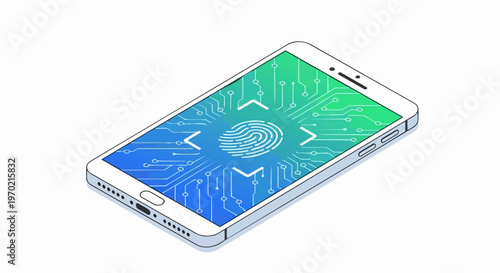 Isometric Smartphone with Biometric Fingerprint Recognition on Screen, Digital Security and Mobile Privacy Concept Illustration